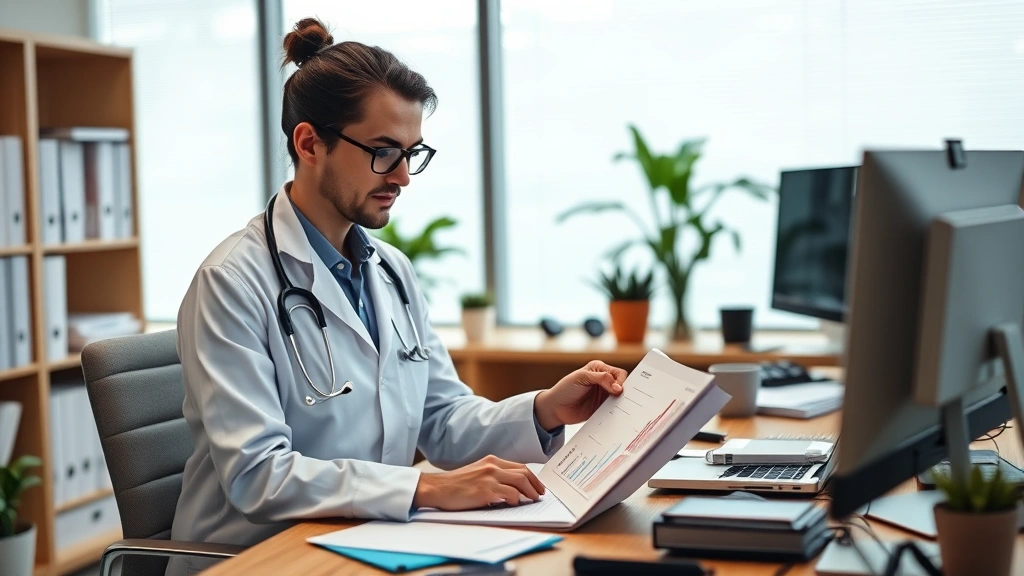 Healthcare professional in modern office setting reviewing financial documents and investment portfolio, organized workspace with computer displays, professional financial planning consultation scene