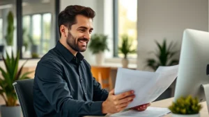 Professional healthcare worker in modern medical office reviewing financial documents and investment portfolio on computer, natural lighting, confident expression, modern workspace with plants