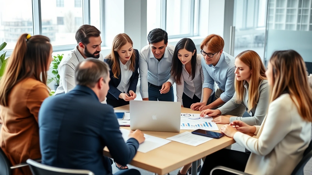 Diverse group of young professionals in business casual attire discussing financial planning around a table with laptop and charts, collaborative atmosphere, modern office setting, natural daylight
