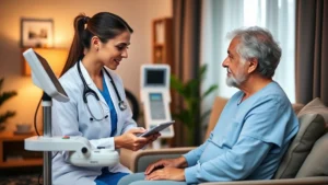 Professional healthcare worker in home setting conducting patient assessment with modern medical equipment, warm lighting, patient and caregiver in residential living room, demonstrating care and expertise