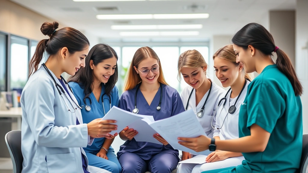 Diverse group of healthcare professionals (nurses, therapists, aides) in modern clinical workspace reviewing patient records and care plans, collaborative environment with technology integration