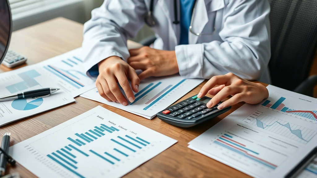 Healthcare professional managing finances at desk with investment portfolio charts, retirement planning documents, and calculator visible, representing wealth accumulation and financial security planning