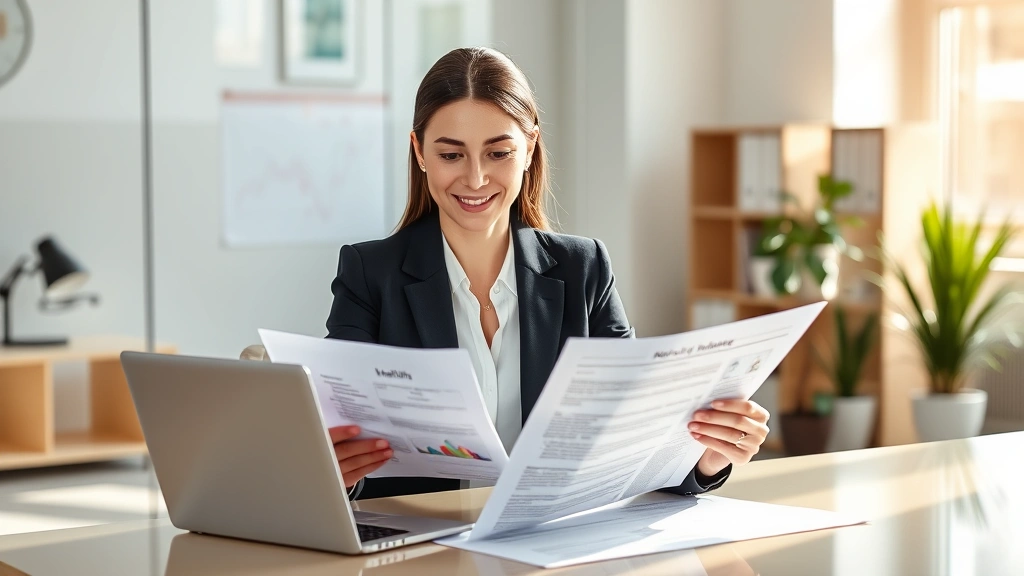 Professional woman in business attire reviewing health reports at modern desk with natural lighting, confident expression, clean contemporary office environment