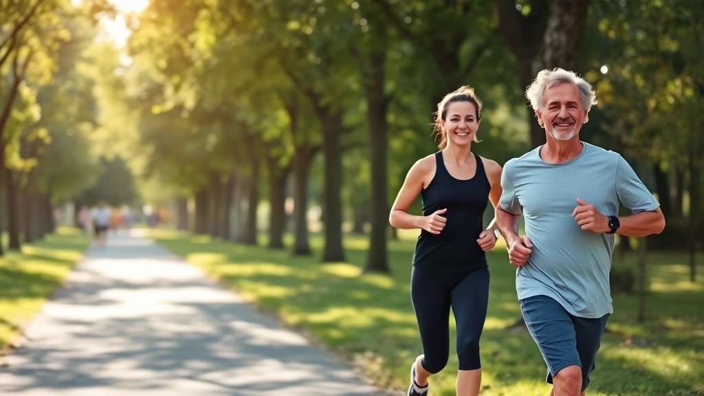 Active middle-aged couple jogging outdoors in morning sunlight through tree-lined park path, healthy athletic builds, bright natural scenery