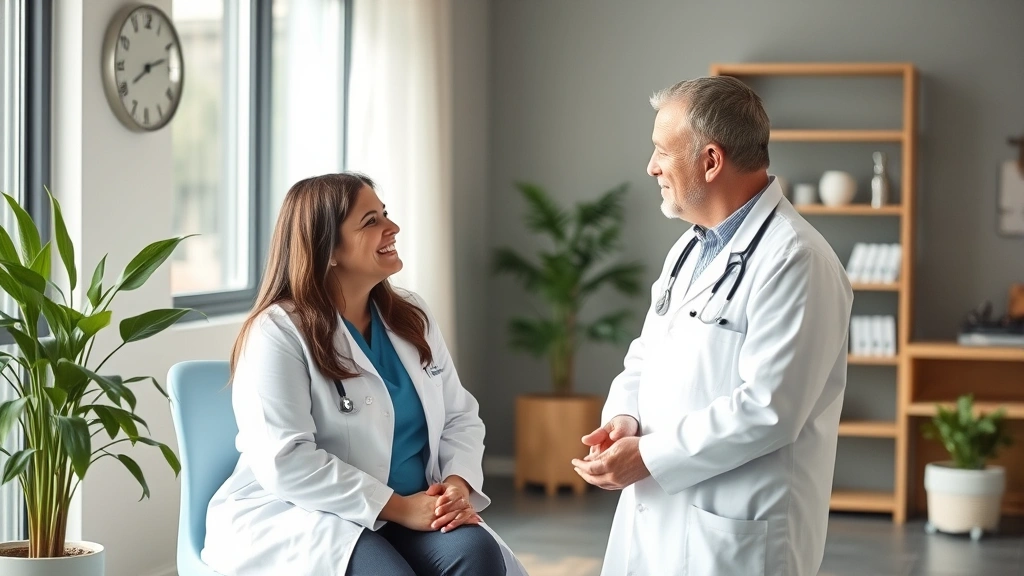 Healthcare provider in white coat consulting with patient in modern medical office, warm professional interaction, contemporary clinic setting with natural light