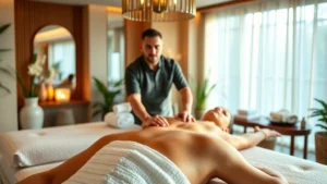 Wealthy mature man in luxury home spa relaxation area with professional massage therapist providing therapeutic treatment, peaceful wellness environment, natural lighting