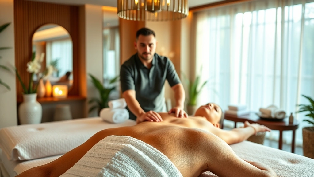 Wealthy mature man in luxury home spa relaxation area with professional massage therapist providing therapeutic treatment, peaceful wellness environment, natural lighting