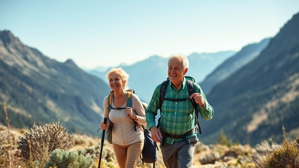 Affluent older couple enjoying active lifestyle hiking in scenic mountain landscape, demonstrating fitness and wellness in later years, clear visibility