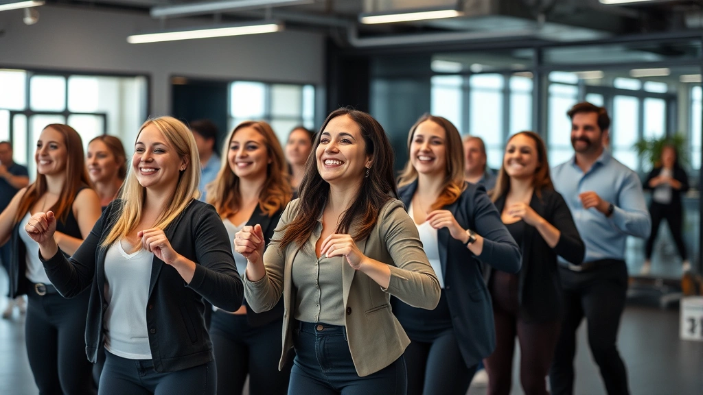 Diverse group of professionals in business casual clothing participating in a group fitness class or wellness activity, smiling and engaged, modern fitness facility setting