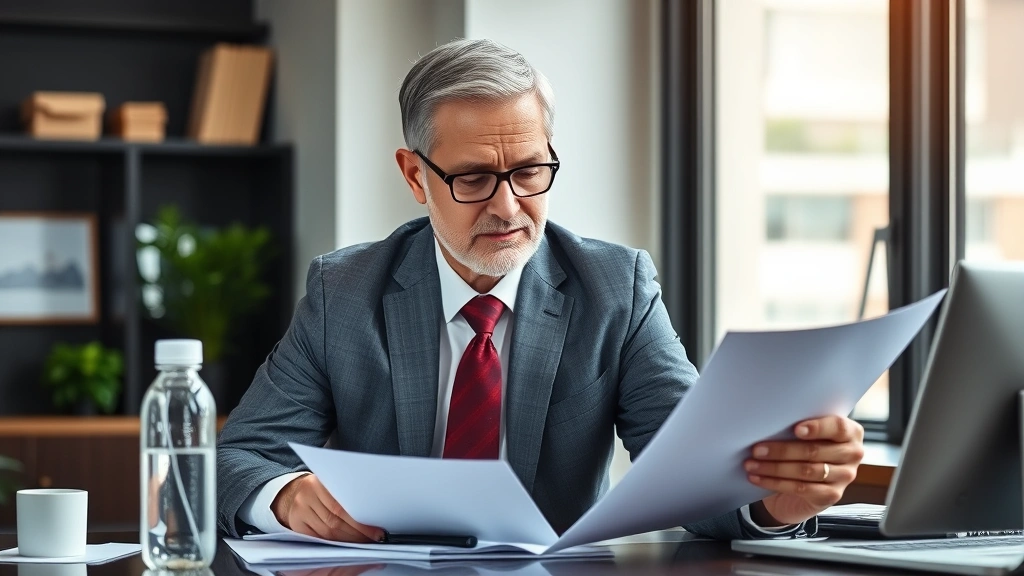 Successful middle-aged man in professional suit reviewing documents at desk with visible wellness elements like water bottle and healthy snack, focused and productive expression