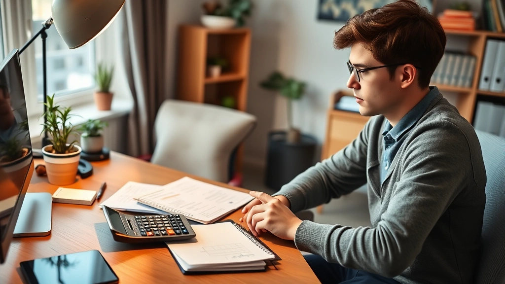 Young professional reviewing monthly budget and financial statements at home desk, calculator and notebook visible, thoughtful concentrated expression, home office setting