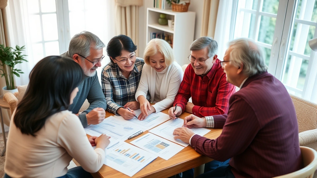 Multi-generational family having financial planning discussion with advisor, warm home environment, documents and charts on table, collaborative positive atmosphere