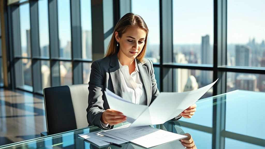 Professional woman in business attire reviewing financial documents at modern glass desk with city skyline visible through floor-to-ceiling windows, natural lighting, confident expression, wealth and success theme