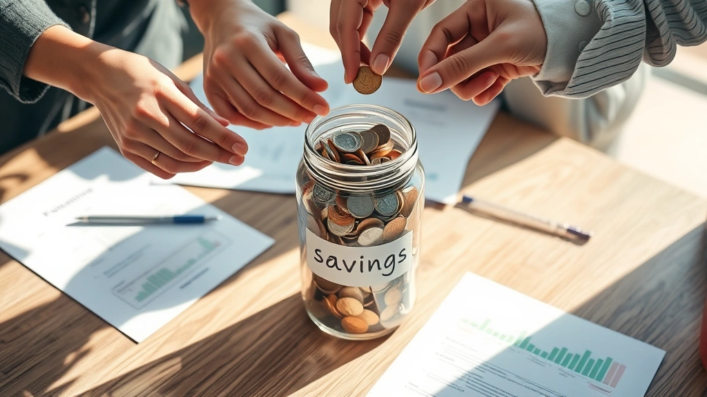 Close-up of diverse hands collaboratively placing coins into a clear glass jar labeled 'savings' on wooden table with financial planning documents, sunlight creating warm shadows, teamwork and growth concept