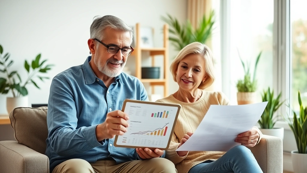 Mature couple reviewing retirement plans with tablet showing investment portfolio growth charts, sitting in comfortable home office with plants, warm natural light, peaceful and confident atmosphere