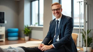 Professional in business attire sitting with physical therapist during rehabilitation session, modern clinic setting, confident expression showing recovery progress, natural lighting from windows