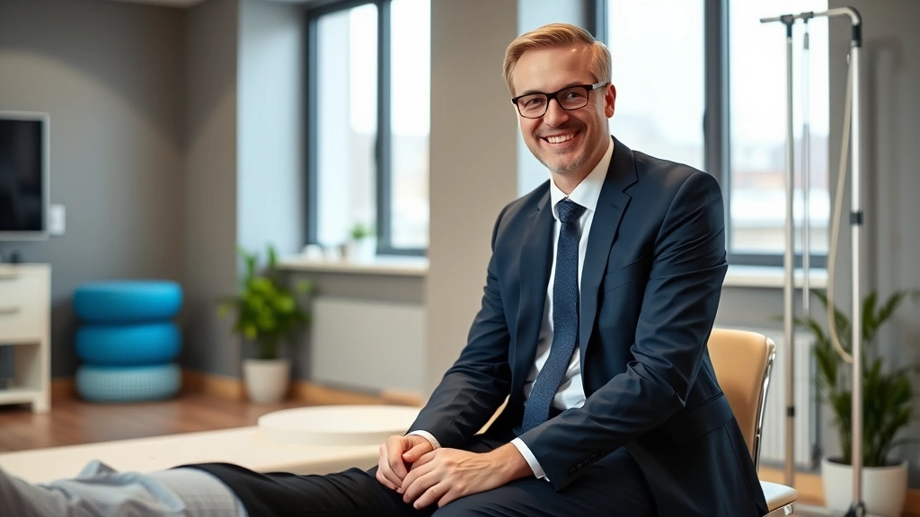 Professional in business attire sitting with physical therapist during rehabilitation session, modern clinic setting, confident expression showing recovery progress, natural lighting from windows