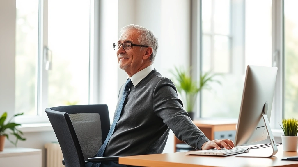 Middle-aged professional at desk working on computer with excellent posture and energy, bright office environment, demonstrating restored work capacity after rehabilitation, genuine wellness appearance