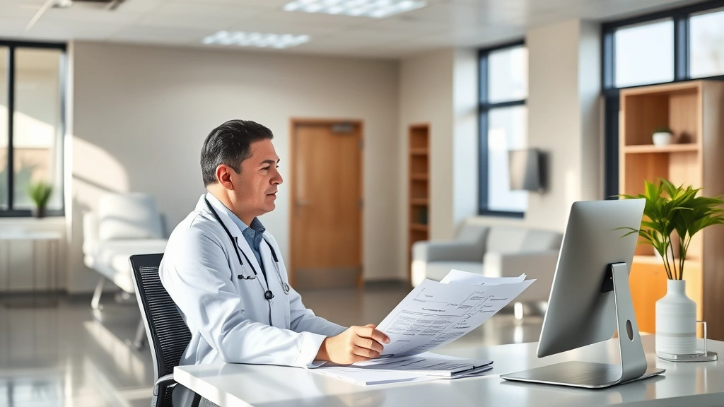 Professional healthcare administrator in modern rehabilitation facility reviewing patient charts at ergonomic desk with natural lighting, clinical but welcoming environment, wealth management and career growth symbolism