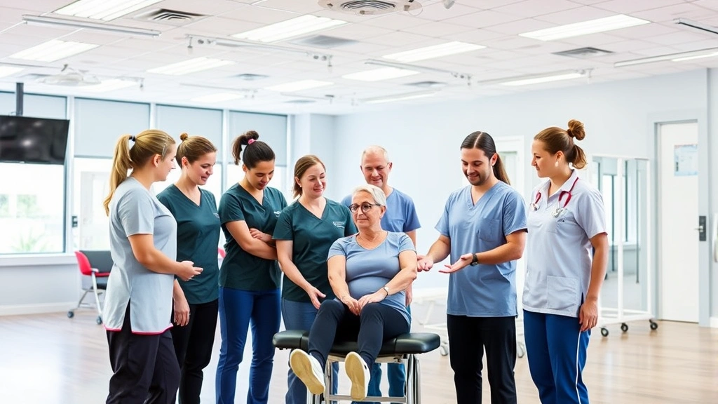 Diverse team of physical therapists and occupational therapists working with patient in state-of-the-art rehabilitation gymnasium, collaborative healthcare environment, professional development atmosphere, modern facility