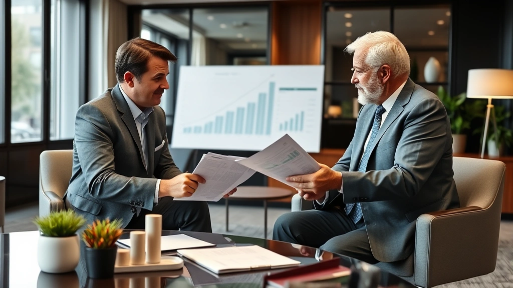 Financial advisor meeting with healthcare professional in upscale office, reviewing investment portfolio and retirement planning documents, healthcare sector growth charts visible, wealth accumulation success symbolism