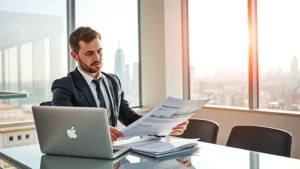 Professional real estate investor reviewing property documents at modern desk with laptop, sunlit office with architectural models and city skyline view, confident and focused expression, contemporary business attire