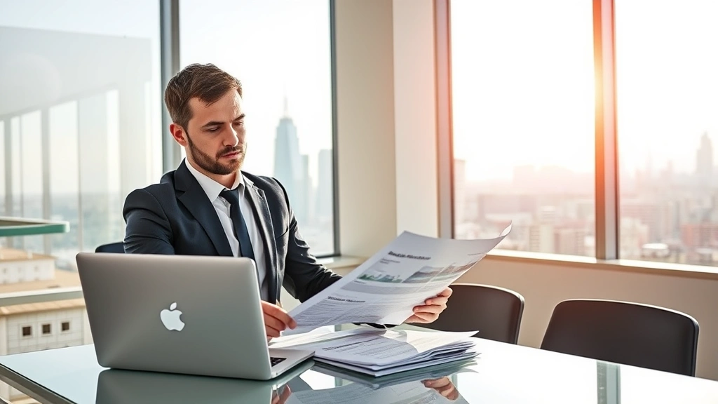 Professional real estate investor reviewing property documents at modern desk with laptop, sunlit office with architectural models and city skyline view, confident and focused expression, contemporary business attire