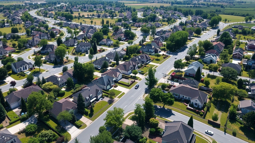 Aerial view of residential neighborhood showing diverse homes with manicured lawns and tree-lined streets, suburban development with property diversity, bright daylight, prosperous community appearance