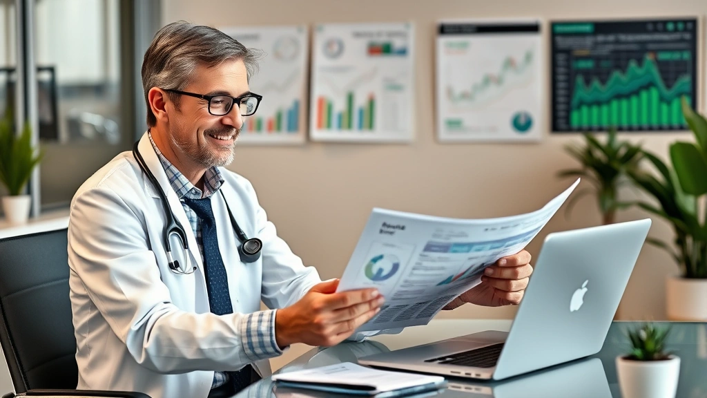 Professional healthcare provider in business casual attire reviewing financial documents and investment portfolio at modern office desk with laptop and financial charts visible in background