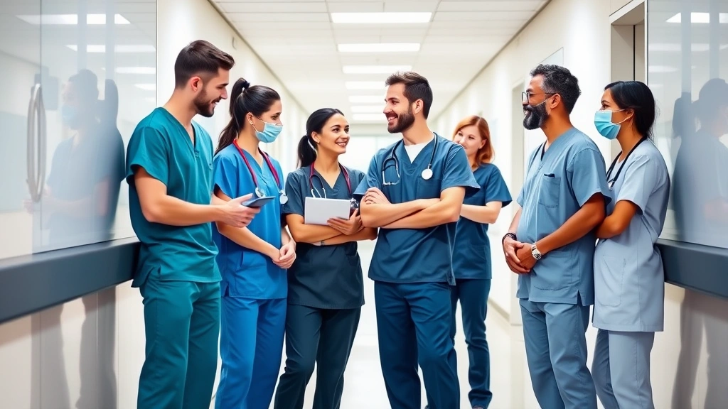Diverse team of medical professionals in scrubs collaborating during break in modern hospital corridor, representing healthcare career growth and professional development