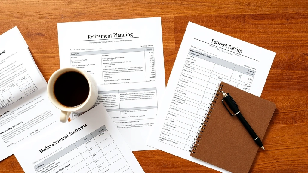 Overhead view of retirement planning documents, pension statements, and investment account statements spread across wooden desk with coffee cup and professional notebook