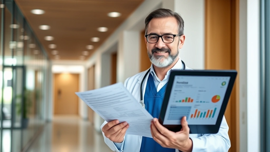 Professional healthcare worker in modern hospital setting reviewing financial documents and investment portfolio on tablet computer, confident expression, natural lighting, contemporary office environment