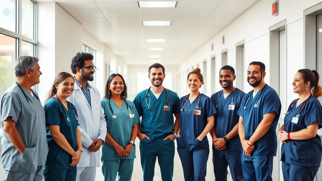 Diverse group of medical professionals in scrubs standing together in hospital corridor, smiling and discussing career advancement, modern healthcare facility background, natural daylight