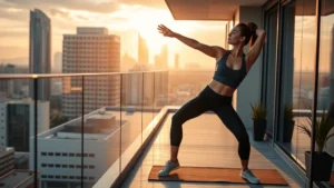Professional woman stretching at sunrise on a modern office balcony overlooking city, natural golden light, energized expression, fitness attire, morning wellness routine, photorealistic, no text