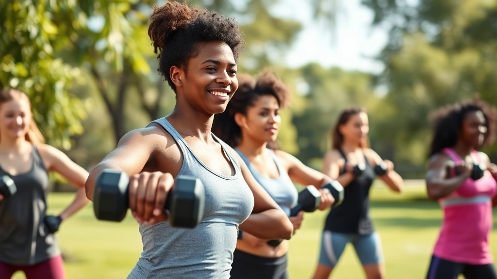Active diverse group doing outdoor resistance training in sunny park, dumbbells and equipment, natural lighting, engaged expressions, health-focused atmosphere, photorealistic, no text