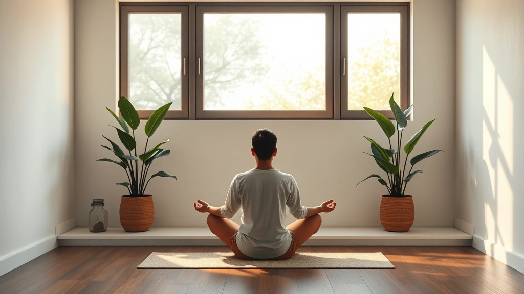 Peaceful meditation space with person sitting calmly, natural window light, plants, minimalist design, serene environment, wellness setting, photorealistic, no text