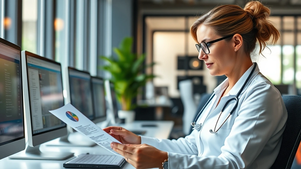 Professional healthcare administrator reviewing patient billing documents in modern office, focused expression, natural lighting from large windows, contemporary workspace with multiple monitors