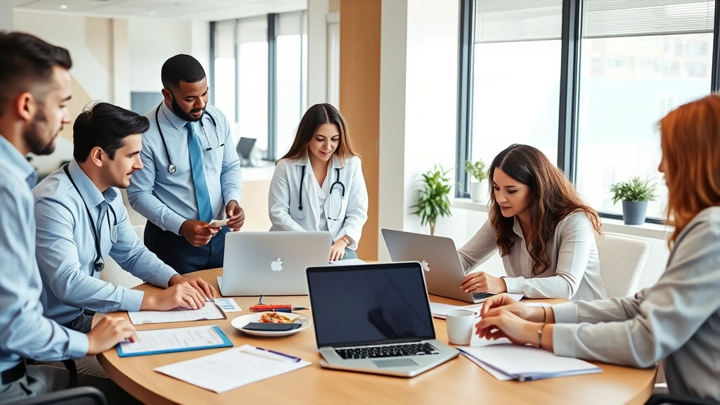 Diverse team of medical coding specialists collaborating around conference table with laptops and healthcare documents, engaged discussion, bright office environment, professional attire