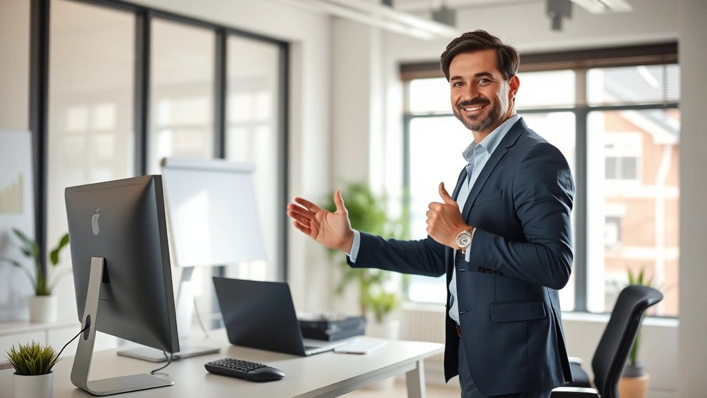 Professional in modern office setting exercising at standing desk, bright natural light, confident expression, health-focused workspace environment, no charts or text visible