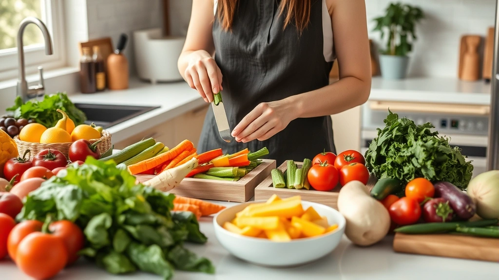 Person preparing fresh vegetables and whole foods in contemporary kitchen, colorful produce, natural lighting, healthy meal preparation in progress, no recipe cards or labels