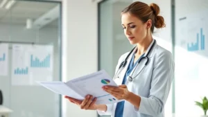 Professional woman in modern health clinic examining medical charts and wellness data, natural lighting, contemporary office setting, focused expression showing healthcare investment