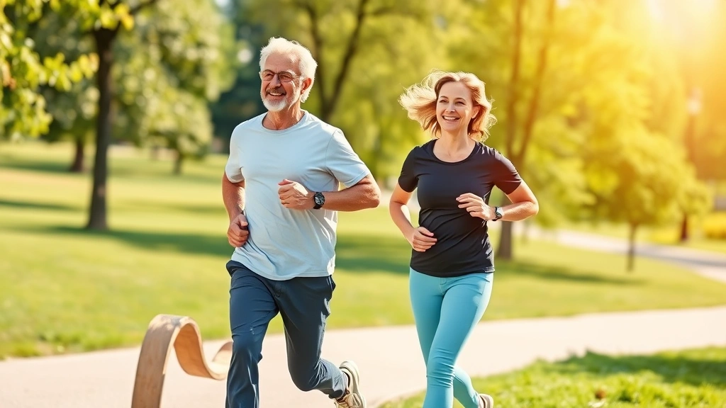 Active middle-aged couple jogging outdoors in sunny park, energetic and fit, natural landscape background, representing preventive fitness and longevity investment