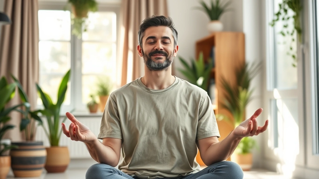 Peaceful person meditating in bright home environment with plants, serene expression, demonstrating mental wellness and stress management for financial clarity