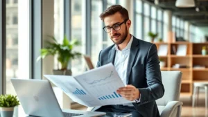 Professional businessman in modern office reviewing financial documents and investment portfolio on laptop, natural lighting, confident expression, wealth management concept