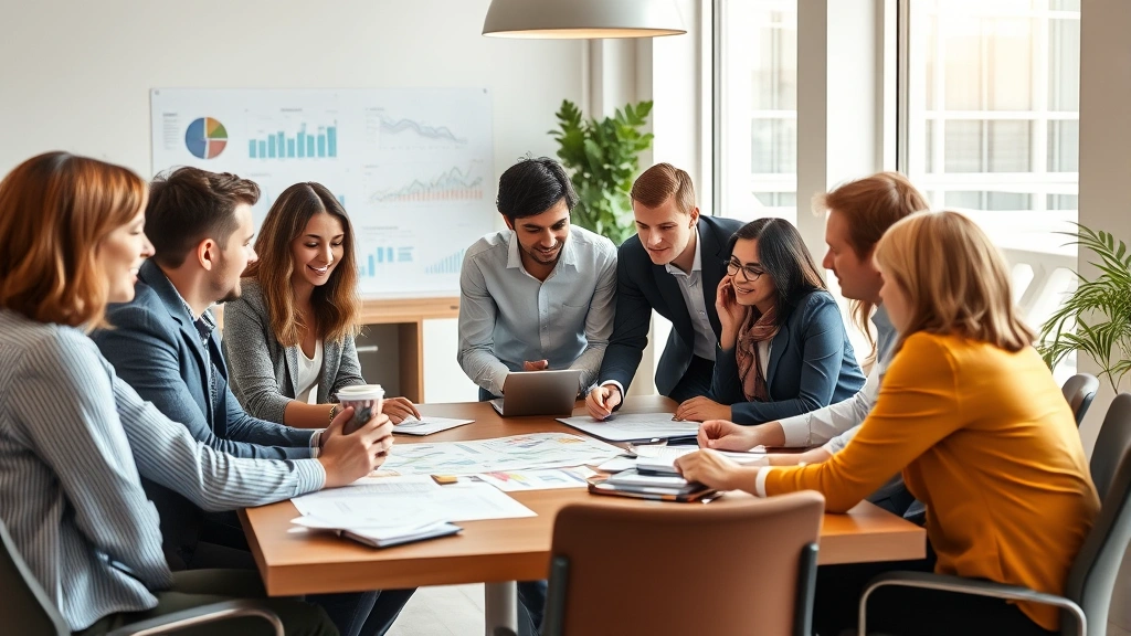 Diverse group of people in business casual attire collaborating around table with financial charts and growth graphs visible, modern workspace, teamwork and financial planning