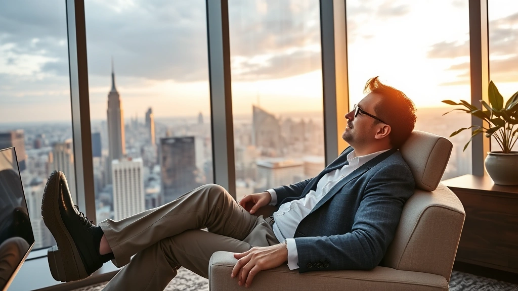 Wealthy individual relaxing in luxury home office overlooking city skyline, representing financial success and long-term wealth accumulation, sophisticated interior design