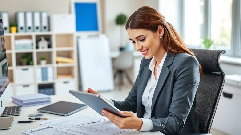 Professional woman reviewing medical documents and financial statements on tablet computer in modern home office, organized desk with healthcare bills and insurance paperwork, focused and confident expression