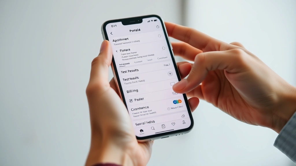 Close-up of hands holding smartphone displaying healthcare portal interface with appointment calendar, test results, and billing information visible on screen, minimalist background
