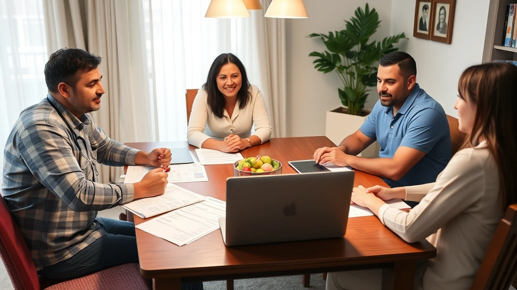 Diverse family sitting at dining table during financial planning meeting, healthcare insurance forms and medical bills organized neatly, laptop showing medical records portal, collaborative discussion atmosphere