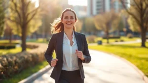 Professional woman in business attire jogging outdoors in morning sunlight, confident expression, urban park setting, health and vitality radiating, no text or logos